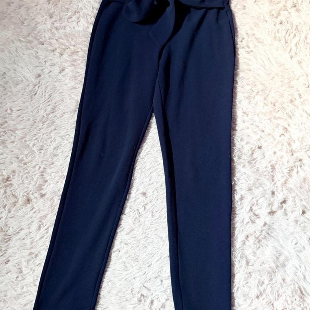 Navy Blue Paper Bag Straight Leg Dress Pants Womens L Office Professional